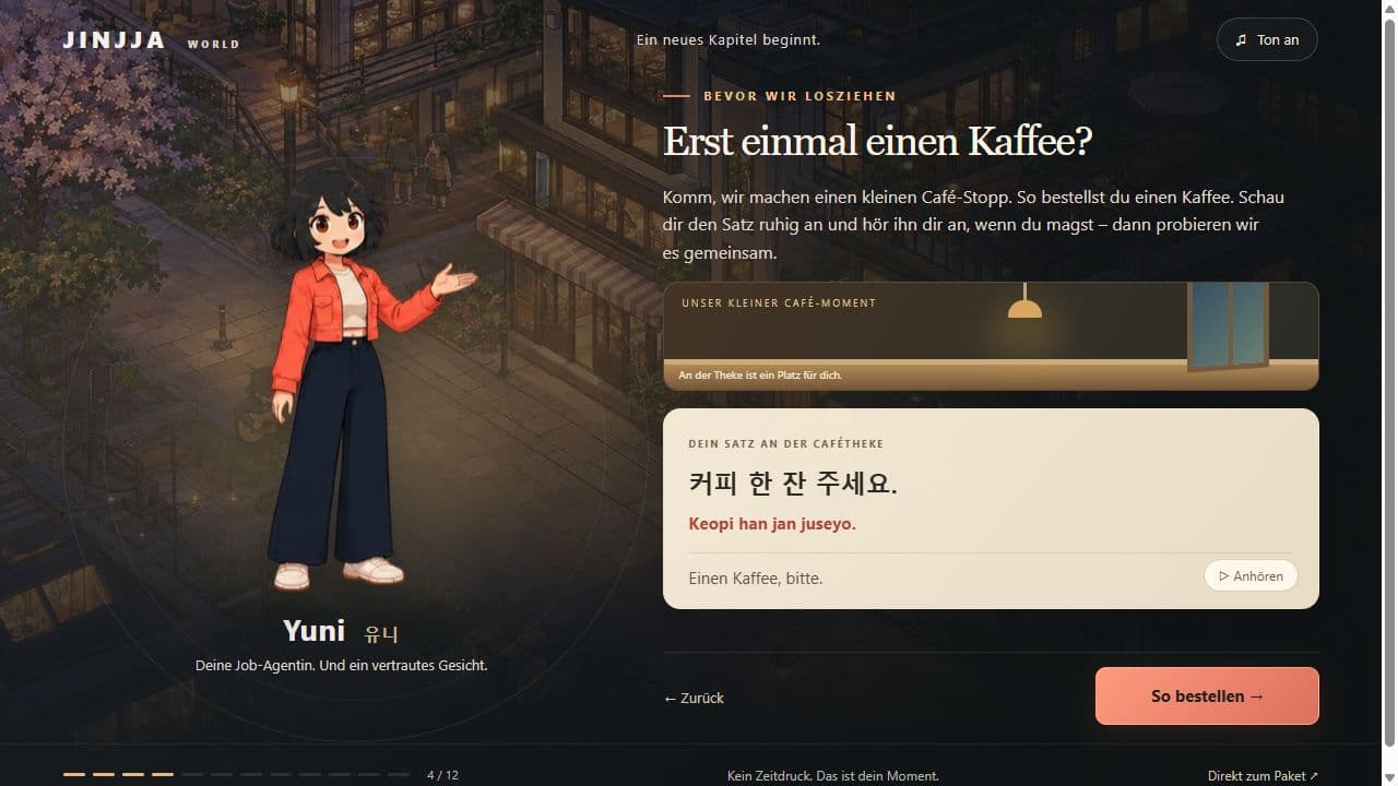 Echter Café-Schritt der Einführung mit koreanischer Bitte, Umschrift, Übersetzung und Abspielknopf