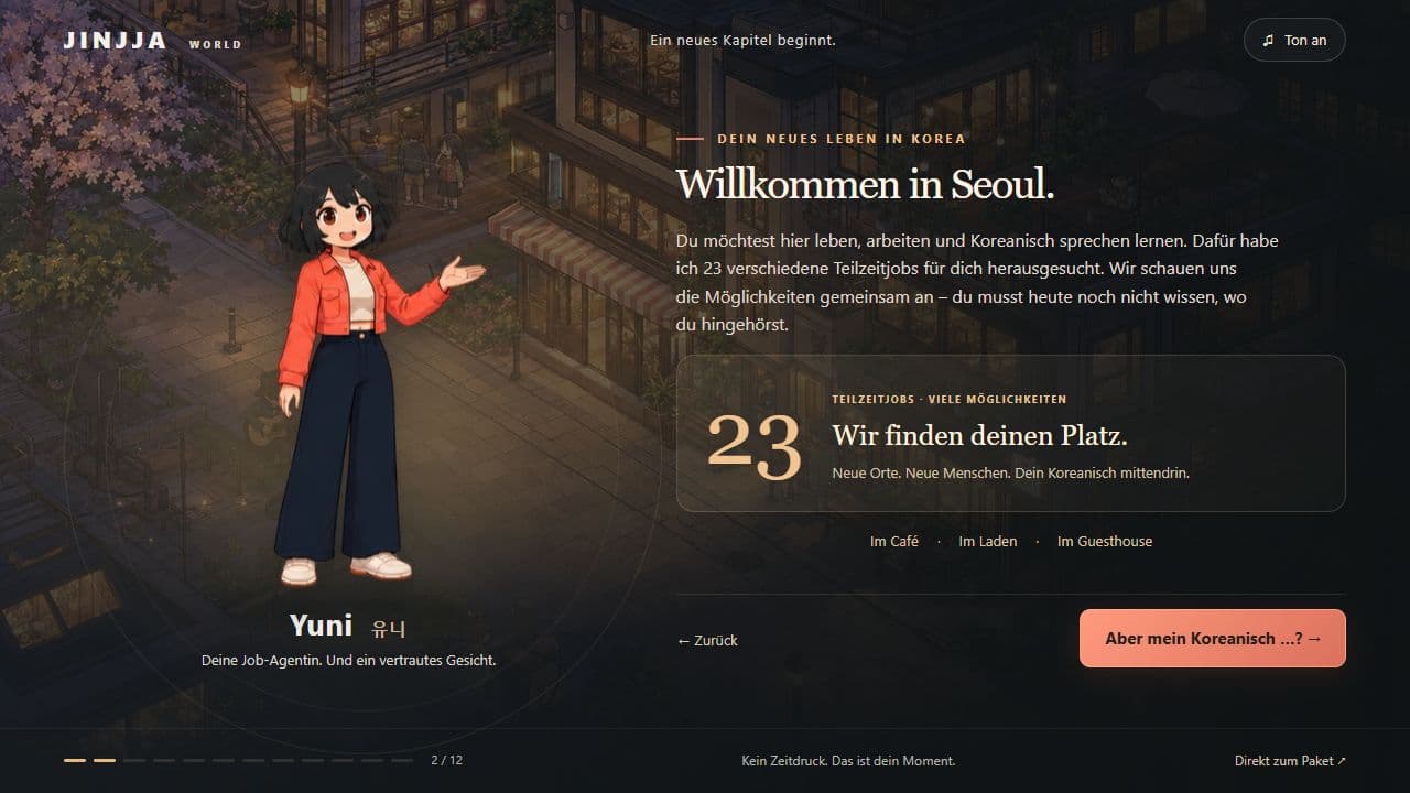 Echter Einführungsbildschirm: Yuni stellt sich als Job-Agentin vor und erklärt den Alltag in Seoul