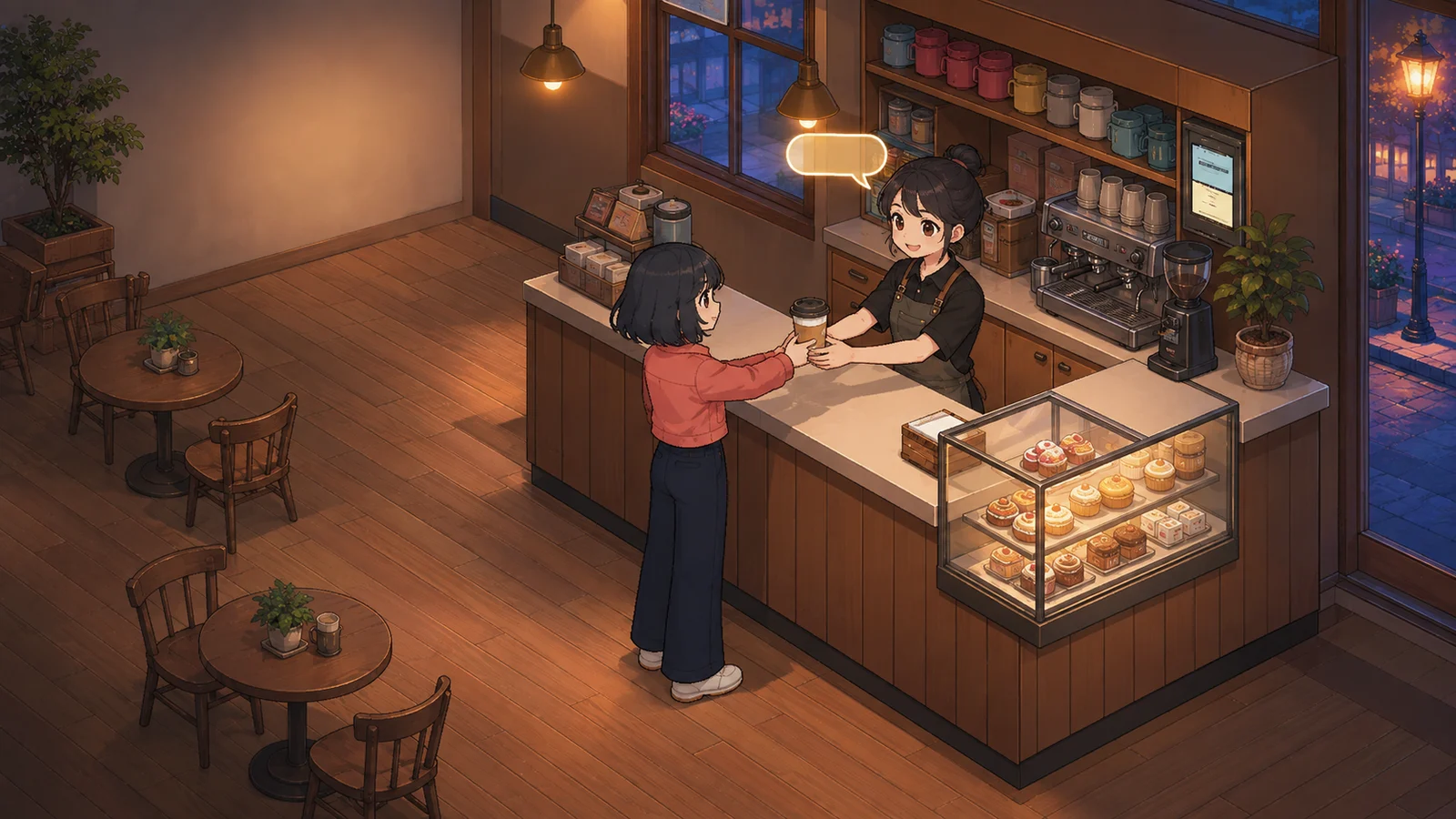 Spielillustration: Eine Begegnung am Tresen eines koreanischen Cafés