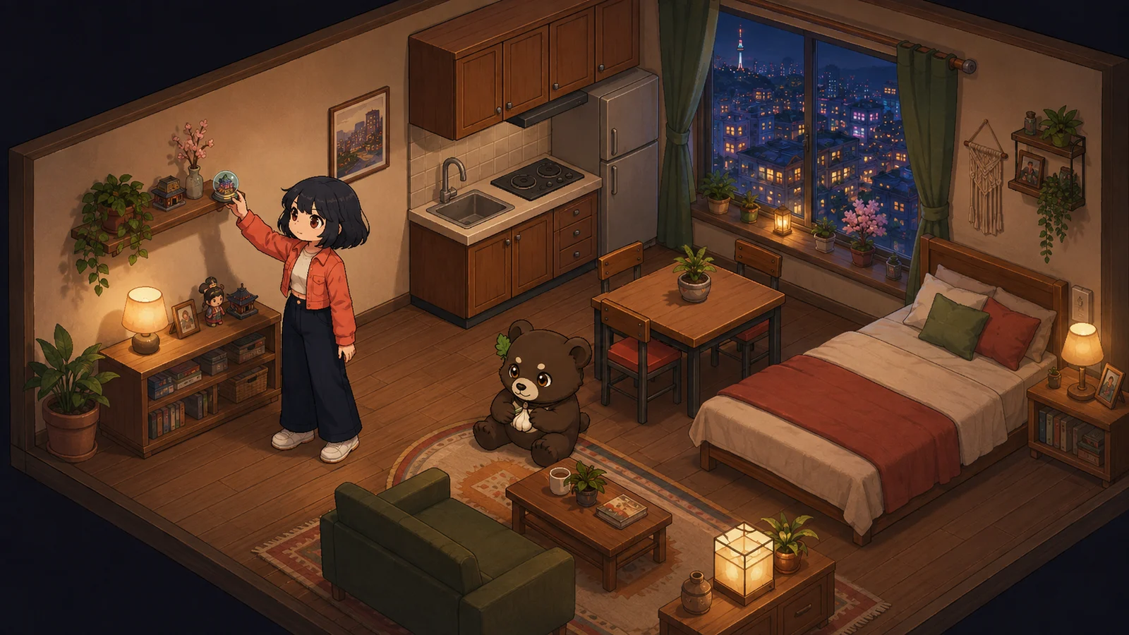 Spielillustration: Ein persönlich eingerichtetes Apartment mit Blick auf Seoul