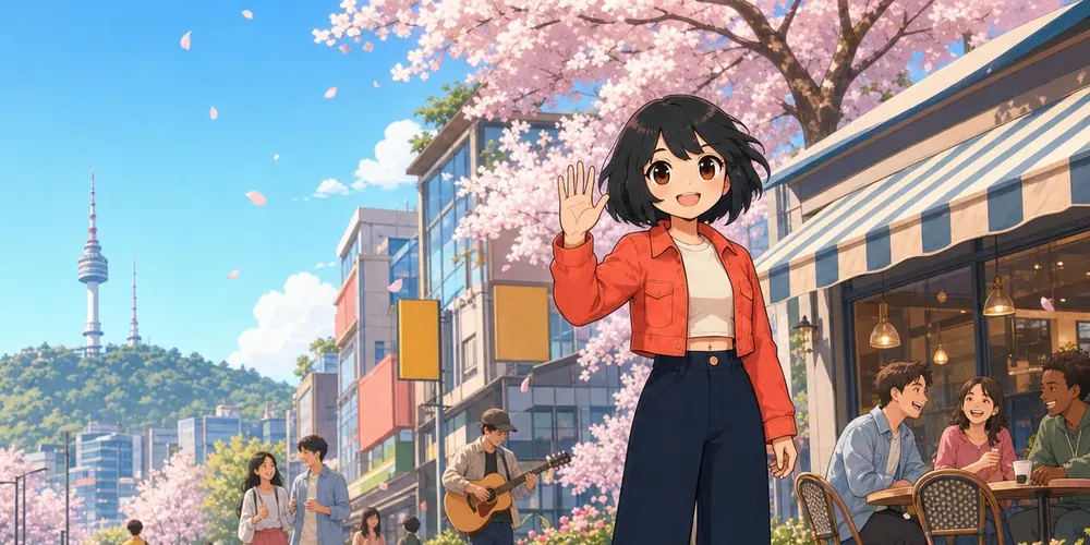 Illustration aus Jinjja World: eine Figur winkt auf einer Straße in Seoul unter Kirschblüten, dahinter der Namsan-Turm